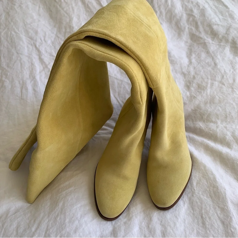Sezane Anaelle Thigh High Suede Leather Over The Knee Pointy Boots Lemon Yellow